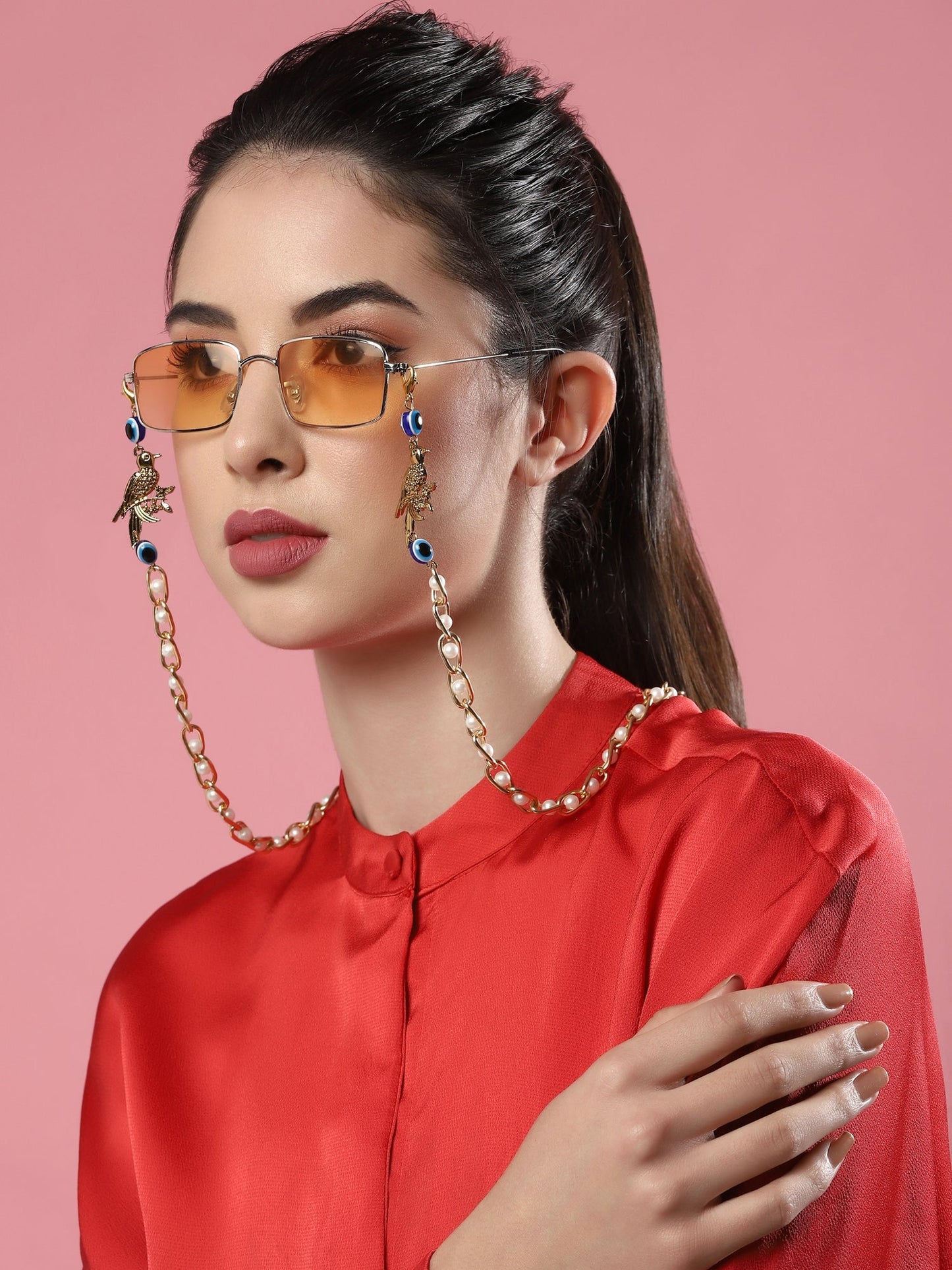 Gold-Polished Pearl Beaded Mask Chain - Ruby Raang