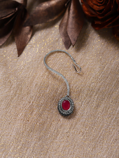 Gold-Polished Maroon White Kundan Stone -Studded Maang Tikka - Ruby Raang