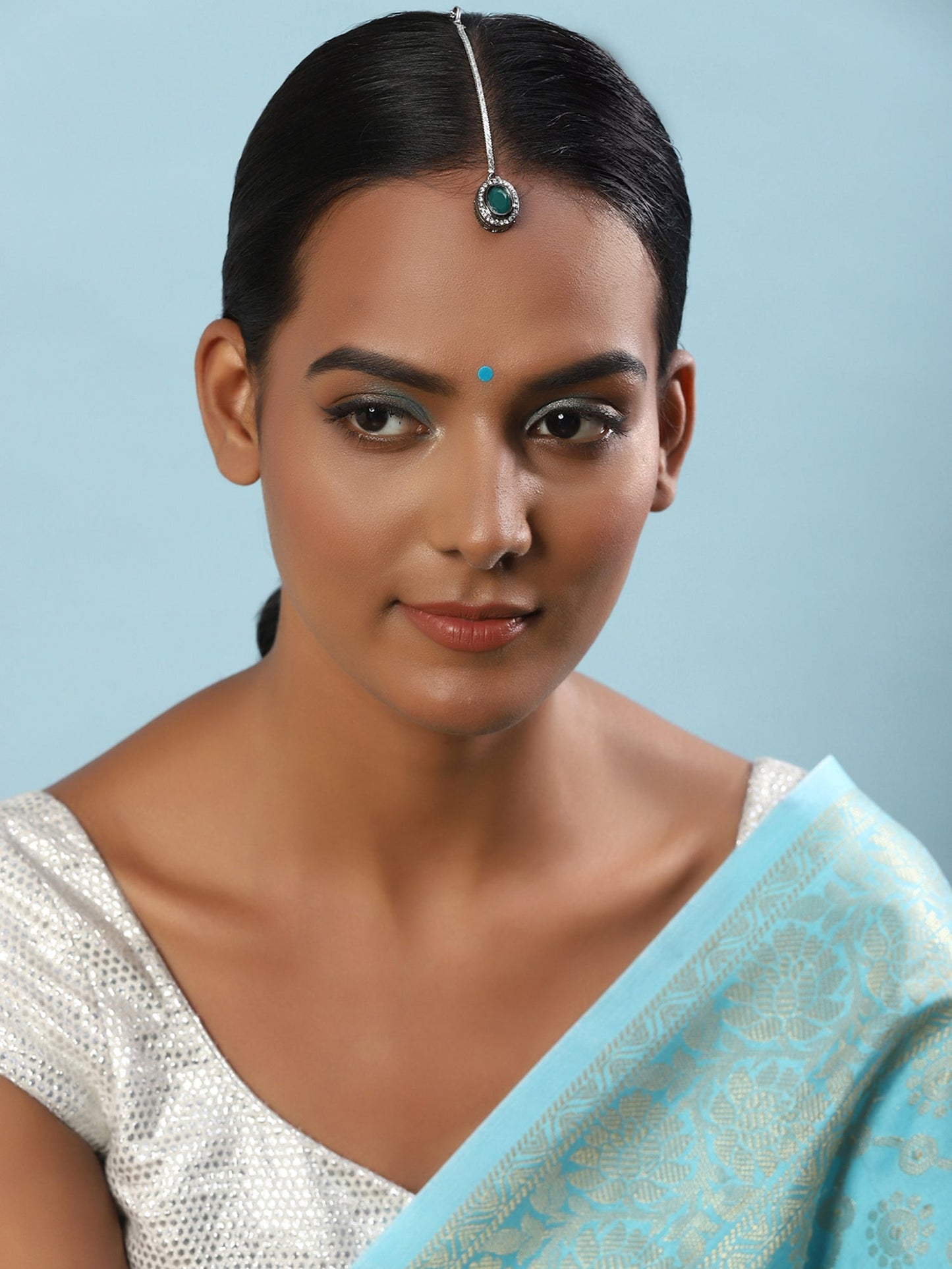 Silver-Plated Green Kundan Stone-Studded Maang Tikka - Ruby Raang