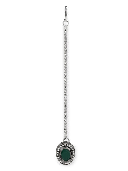 Silver-Plated Green Kundan Stone-Studded Maang Tikka - Ruby Raang