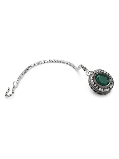 Silver-Plated Green Kundan Stone-Studded Maang Tikka - Ruby Raang