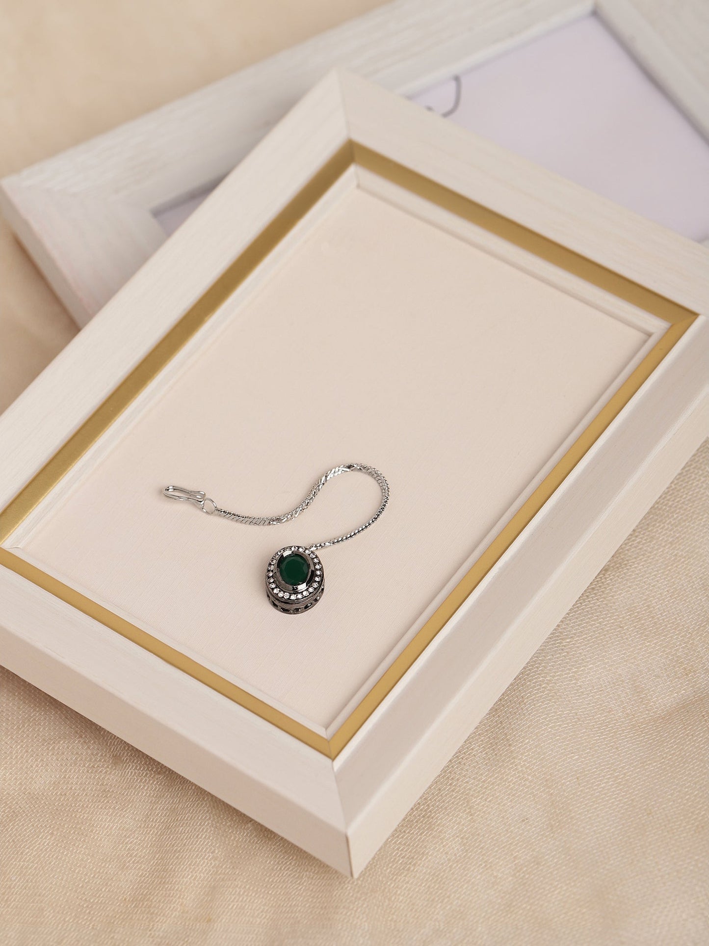 Silver-Plated Green Kundan Stone-Studded Maang Tikka - Ruby Raang