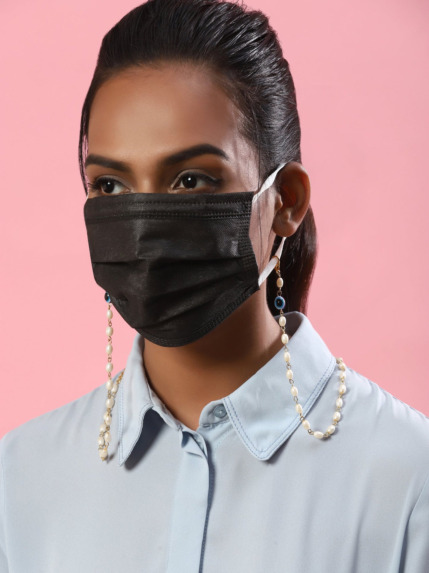 Gold-Toned Embellished Mask Chain - Ruby Raang