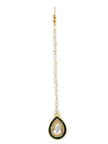 White Gold-Toned Plated Kundan-Studded Pearl Beaded Maang Tikka - Ruby Raang