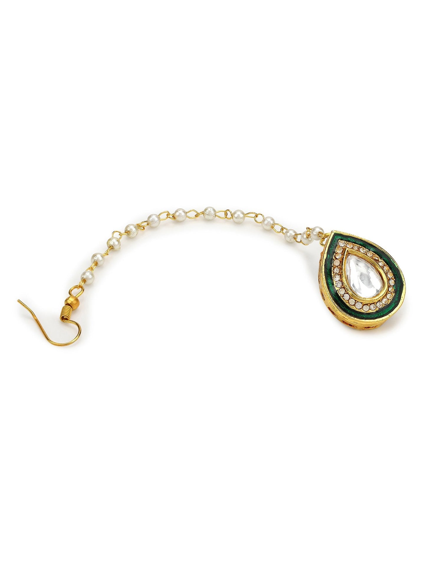 White Gold-Toned Plated Kundan-Studded Pearl Beaded Maang Tikka - Ruby Raang