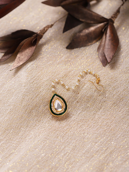 White Gold-Toned Plated Kundan-Studded Pearl Beaded Maang Tikka - Ruby Raang