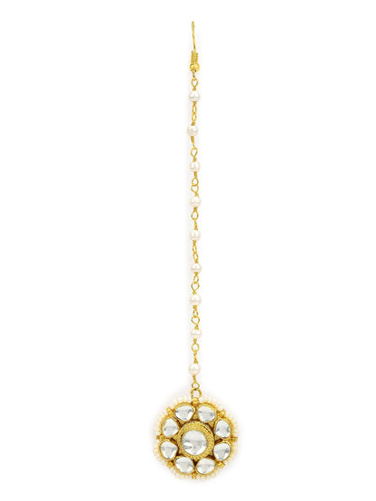 Gold-Polished white Maang Tikka - Ruby Raang