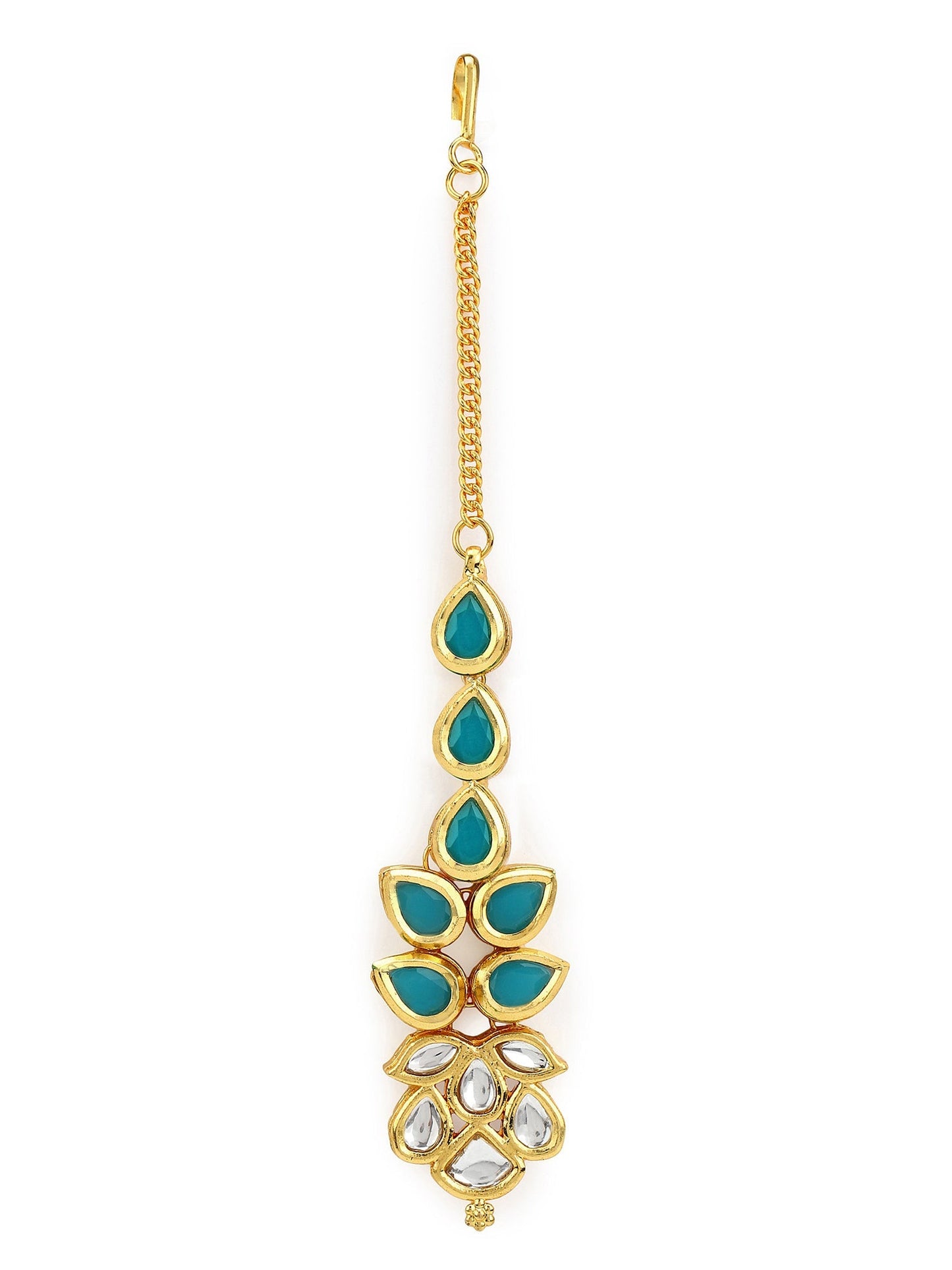 Gold-Polished Turquoise Blue Kundan-Studded Maang Tikka - Ruby Raang