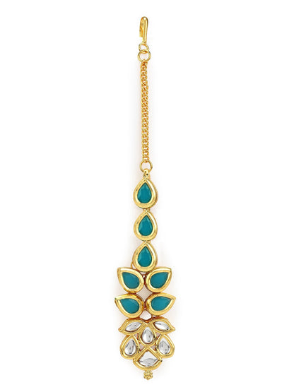 Gold-Polished Turquoise Blue Kundan-Studded Maang Tikka - Ruby Raang