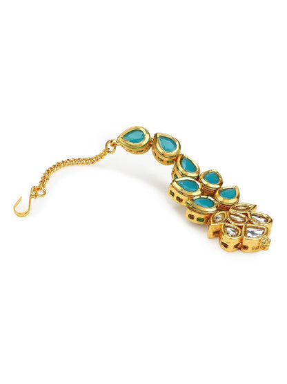 Gold-Polished Turquoise Blue Kundan-Studded Maang Tikka - Ruby Raang