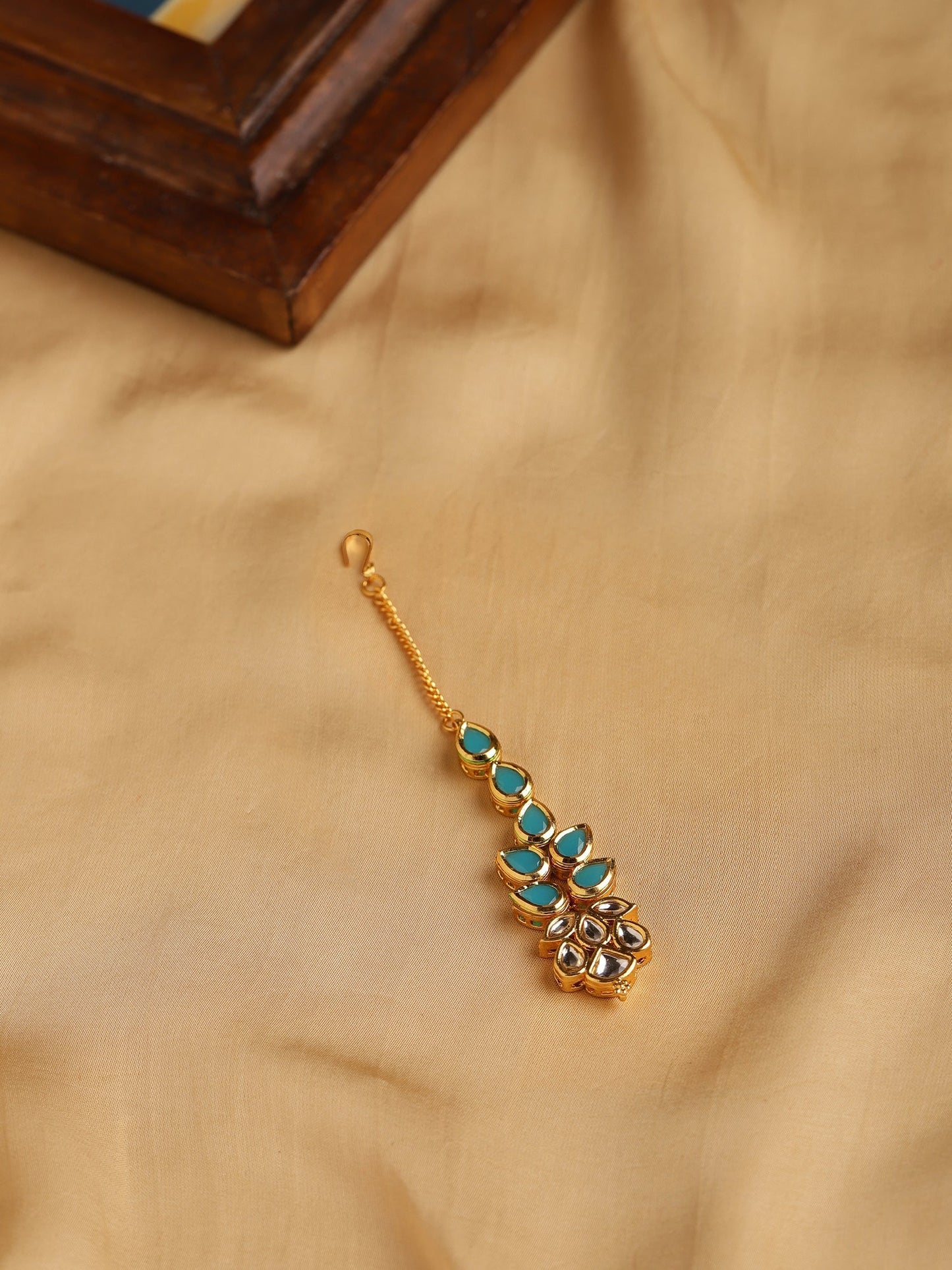 Gold-Polished Turquoise Blue Kundan-Studded Maang Tikka - Ruby Raang
