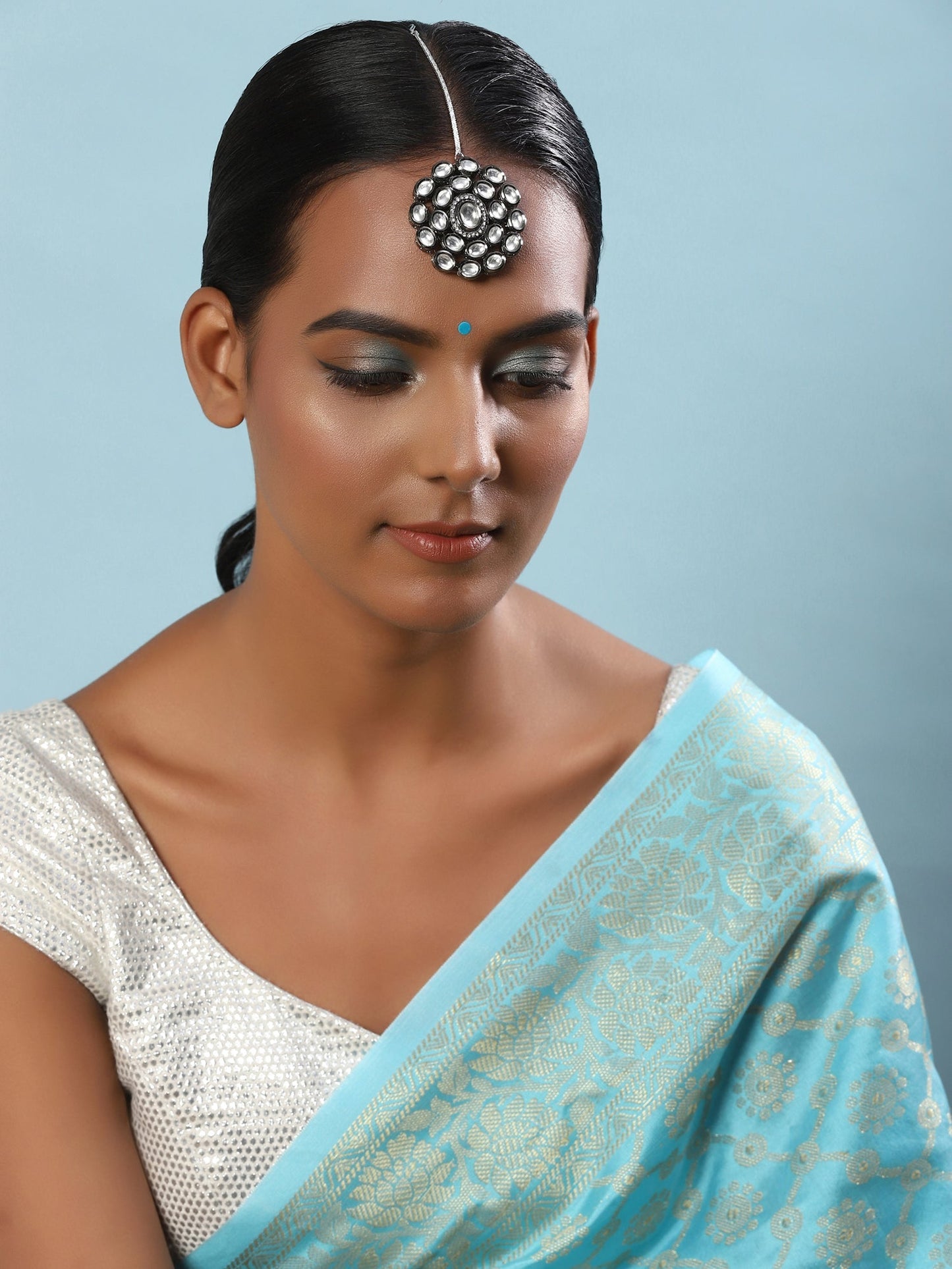 Silver-Plated White Kundan-Studded Maang Tikka - Ruby Raang
