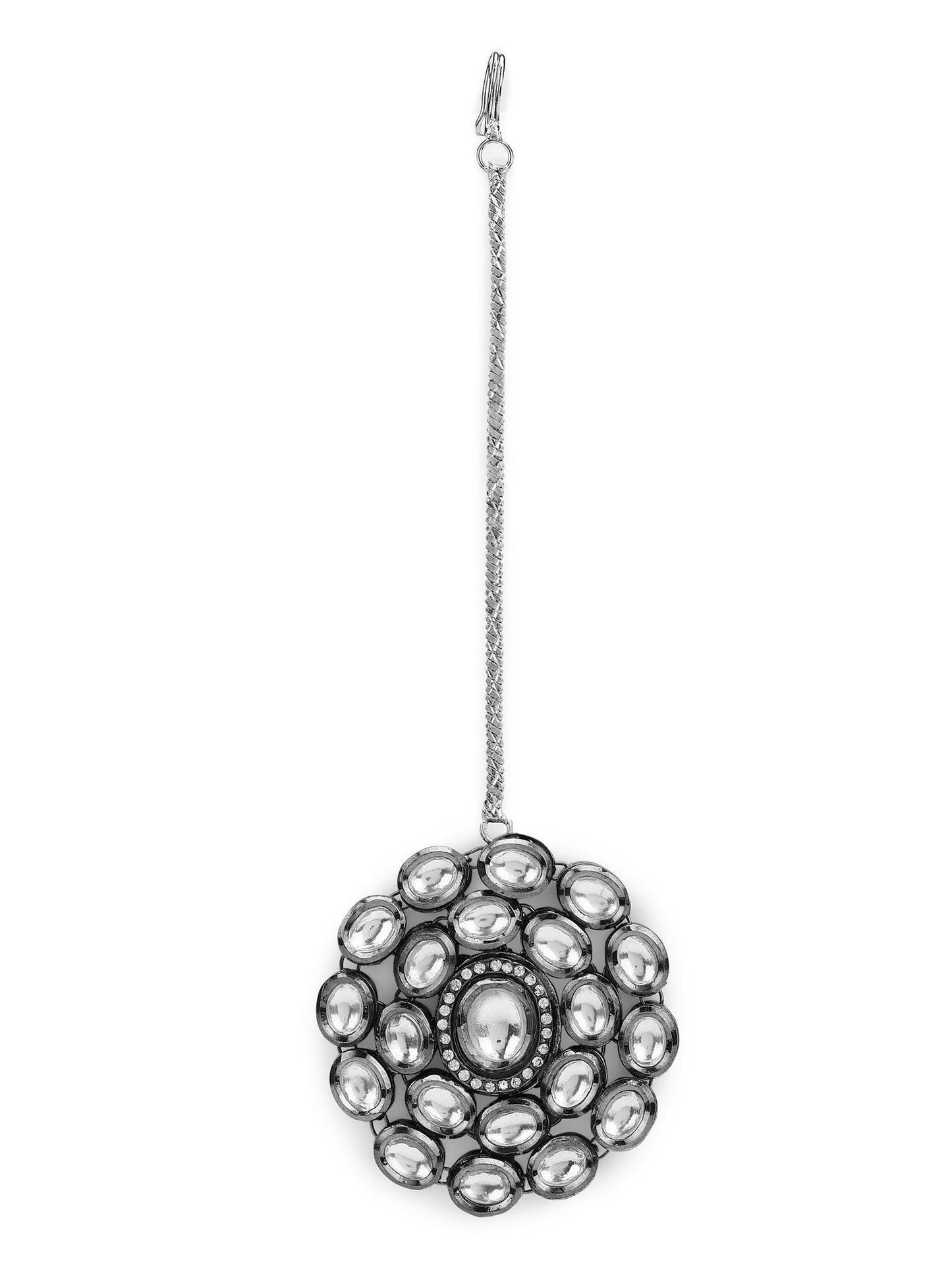 Silver-Plated White Kundan-Studded Maang Tikka - Ruby Raang
