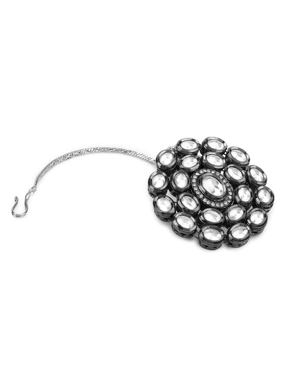 Silver-Plated White Kundan-Studded Maang Tikka - Ruby Raang