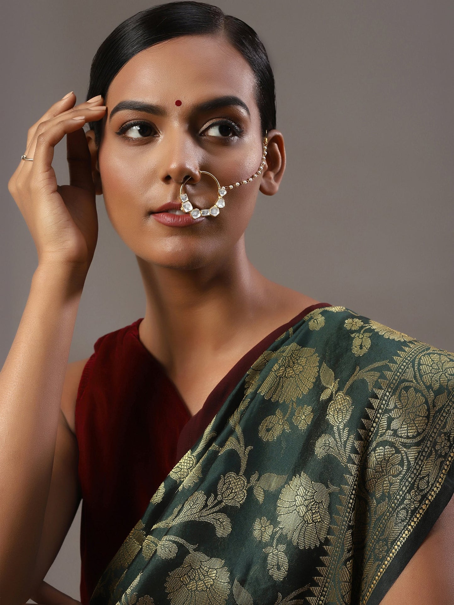 Gold-Polished White Kundan-Studded Nose Ring With Chain - Ruby Raang