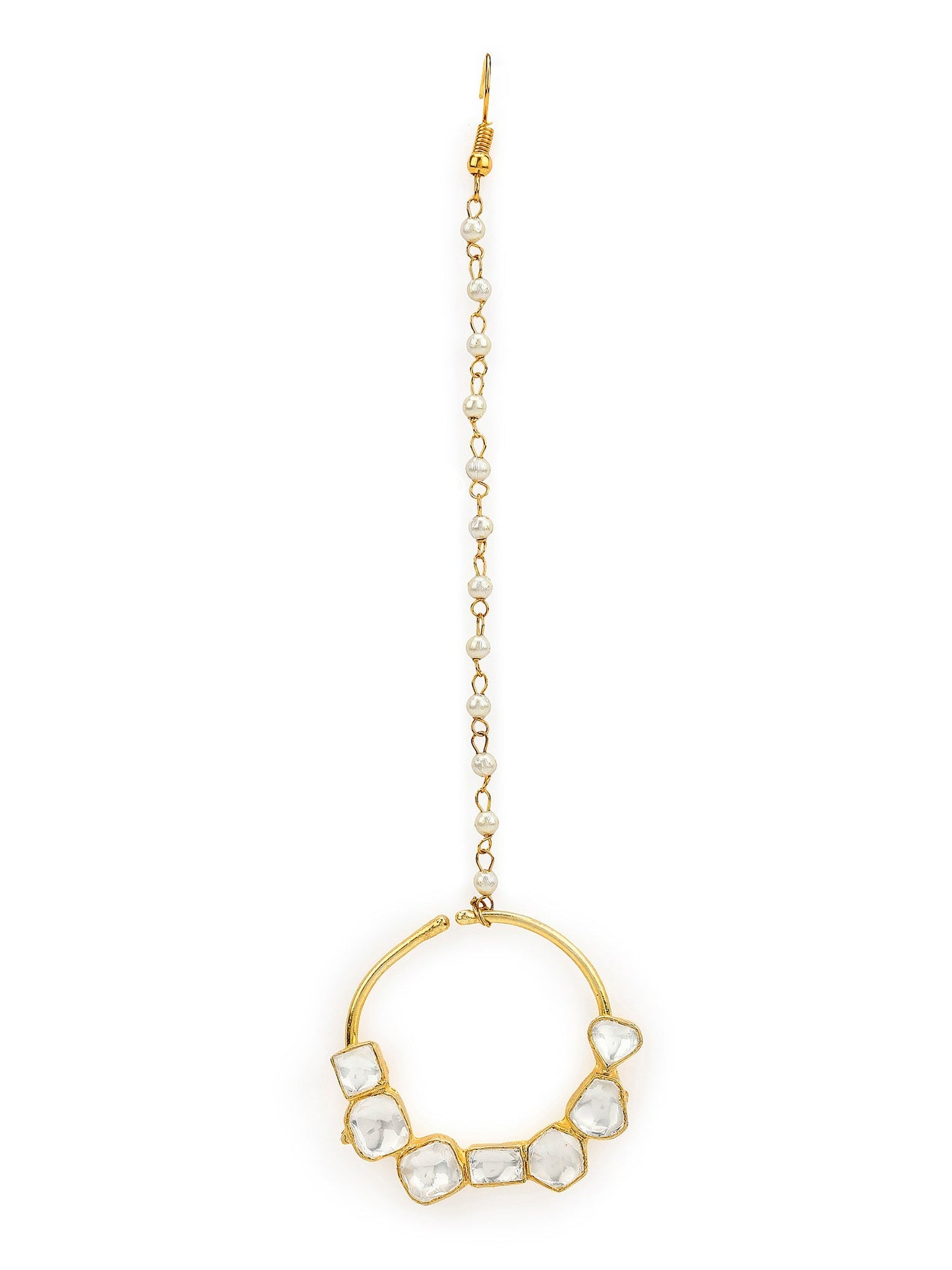 Gold-Polished White Kundan-Studded Nose Ring With Chain - Ruby Raang