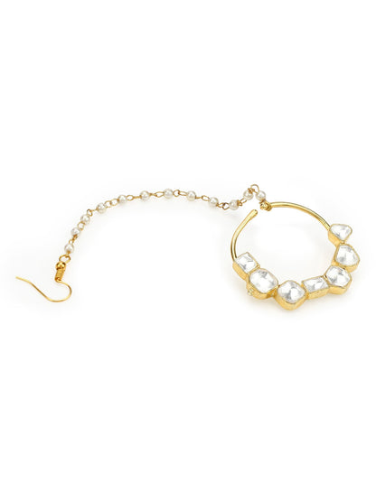 Gold-Polished White Kundan-Studded Nose Ring With Chain - Ruby Raang