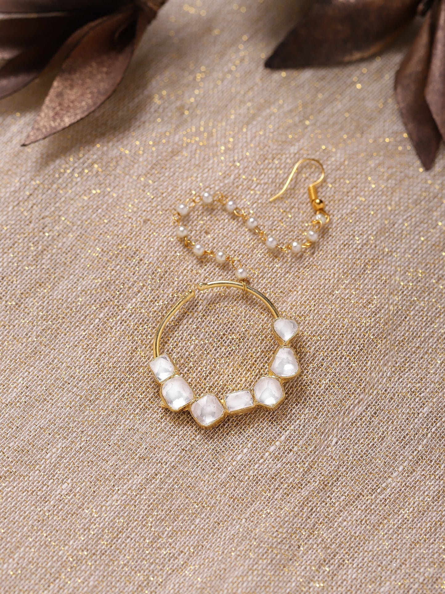 Gold-Polished White Kundan-Studded Nose Ring With Chain - Ruby Raang