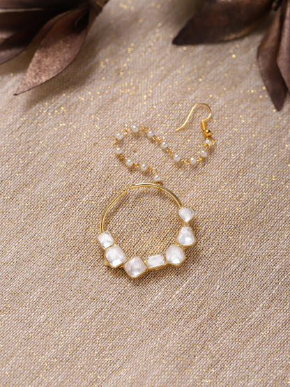 Gold-Polished White Kundan-Studded Nose Ring With Chain - Ruby Raang