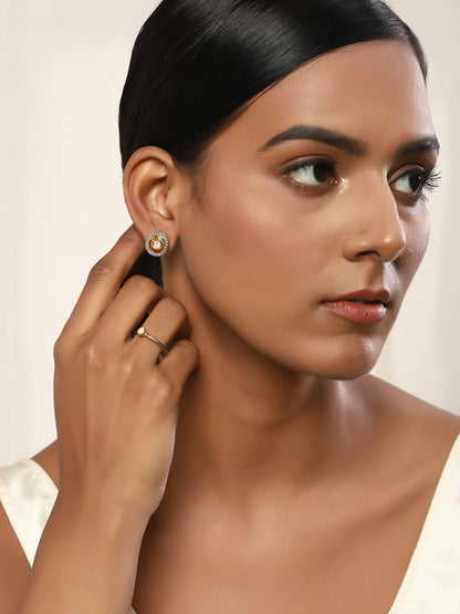 Gold-Polished White Kundan Studded Circular Studs Earrings - Ruby Raang