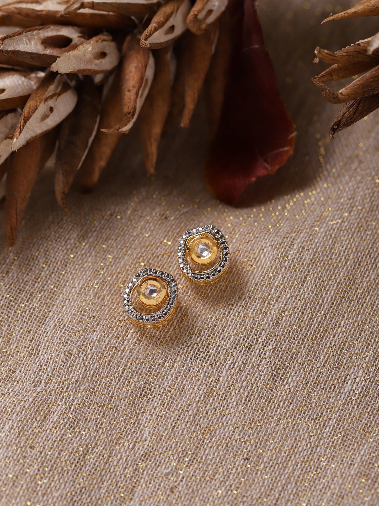 Gold-Polished White Kundan Studded Circular Studs Earrings - Ruby Raang