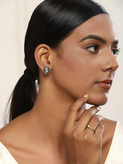 Silver-Plated Geometric Kundan Studs Earrings - Ruby Raang