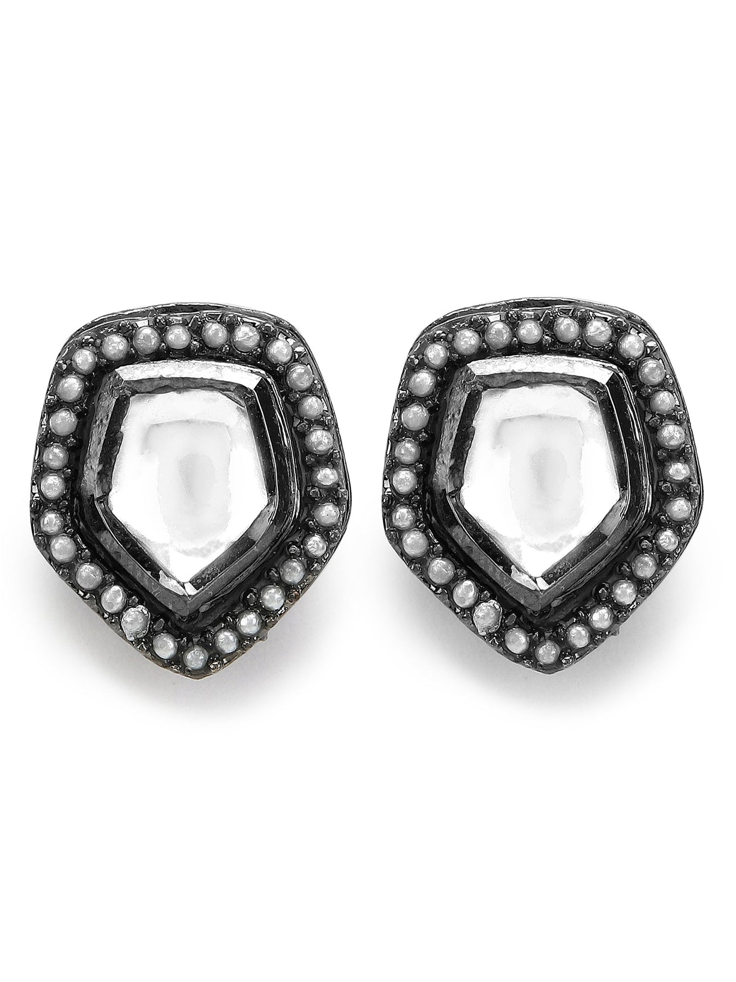 Silver-Plated Geometric Kundan Studs Earrings - Ruby Raang