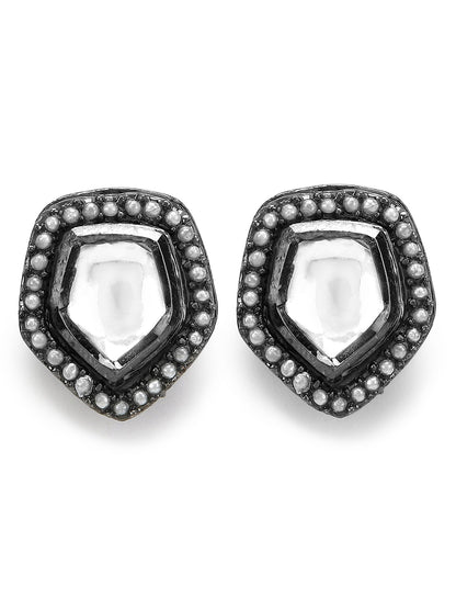 Silver-Plated Geometric Kundan Studs Earrings - Ruby Raang