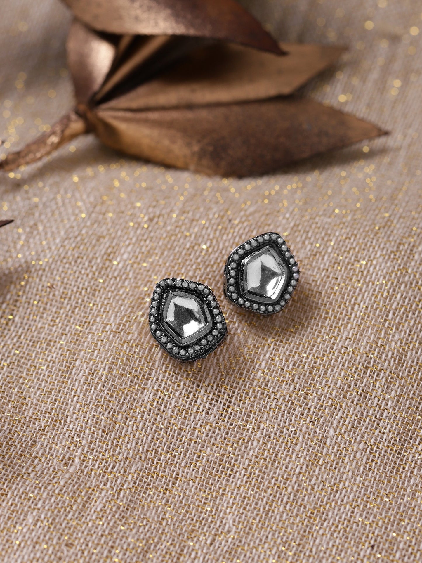 Silver-Plated Geometric Kundan Studs Earrings - Ruby Raang