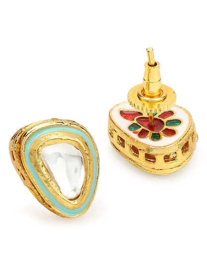 Gold-Polished Triangular Kundan Studded Studs Earrings - Ruby Raang