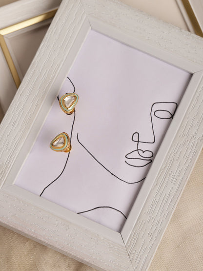 Gold-Polished Triangular Kundan Studded Studs Earrings - Ruby Raang