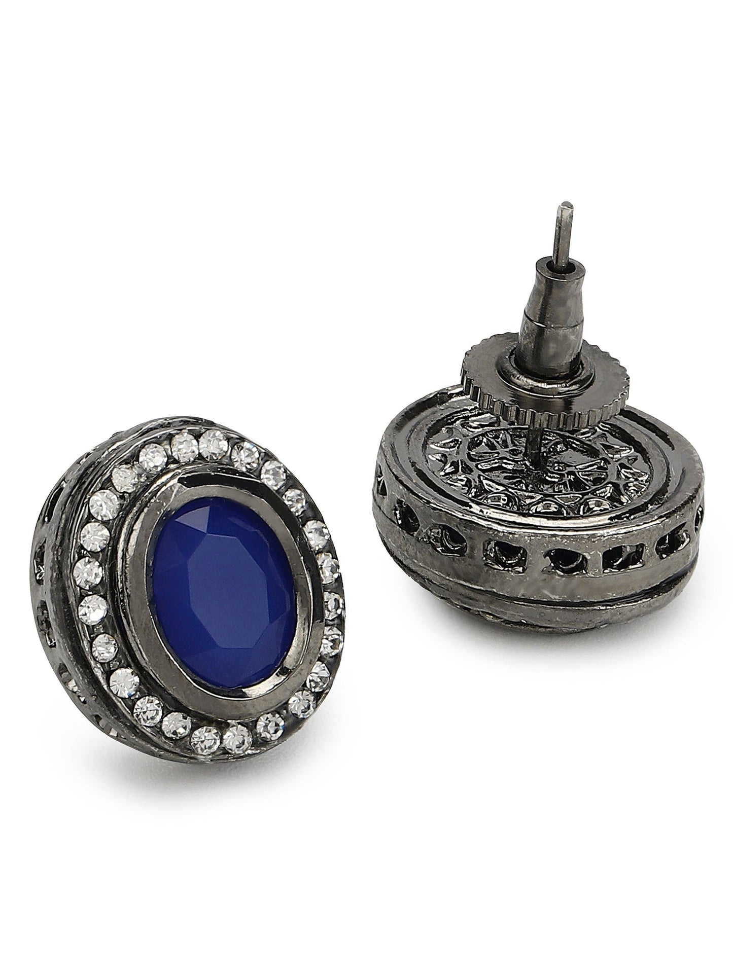 Silver-Plated Oval Kundan Studs Earrings - Ruby Raang
