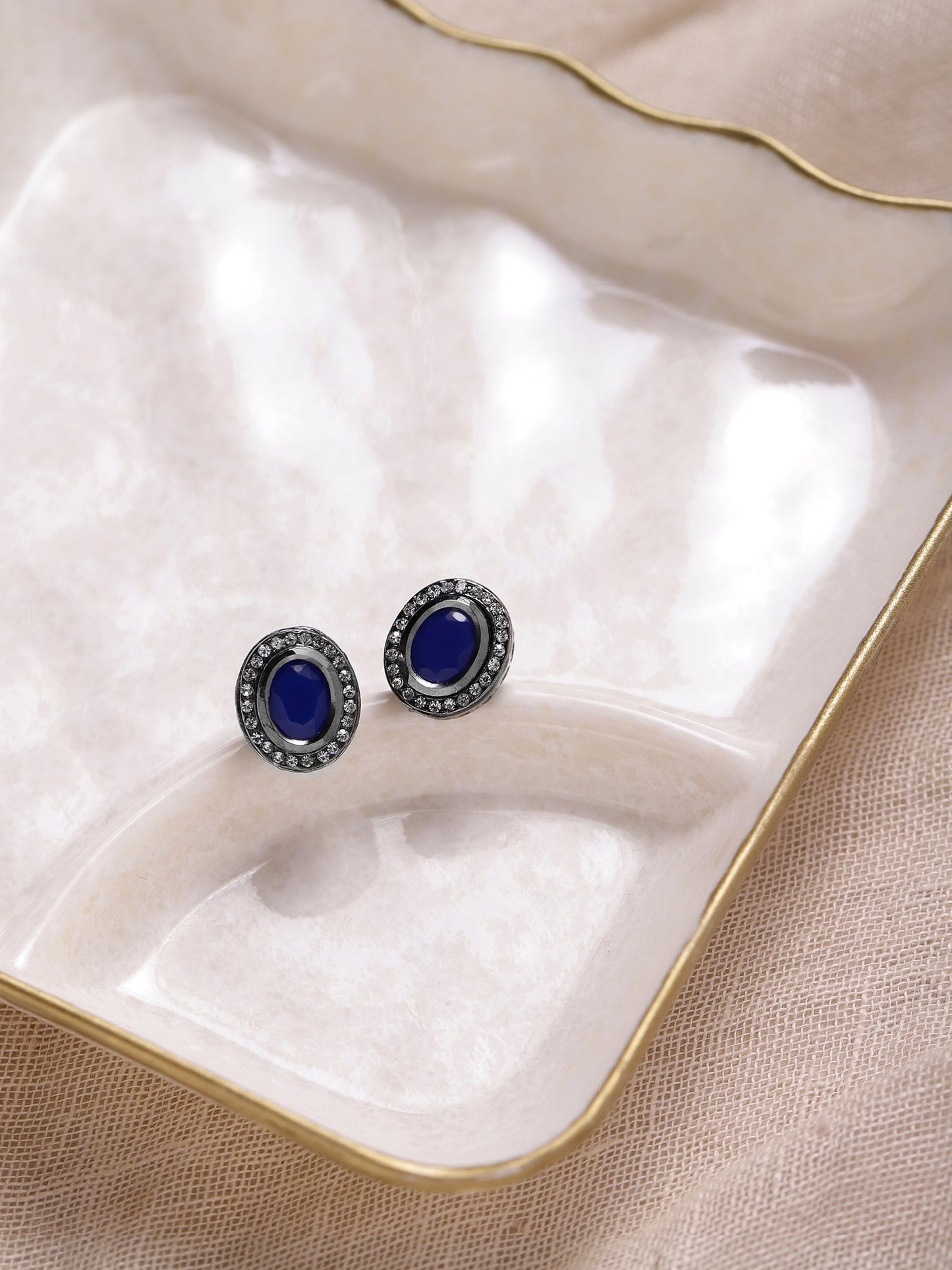 Silver-Plated Oval Kundan Studs Earrings - Ruby Raang