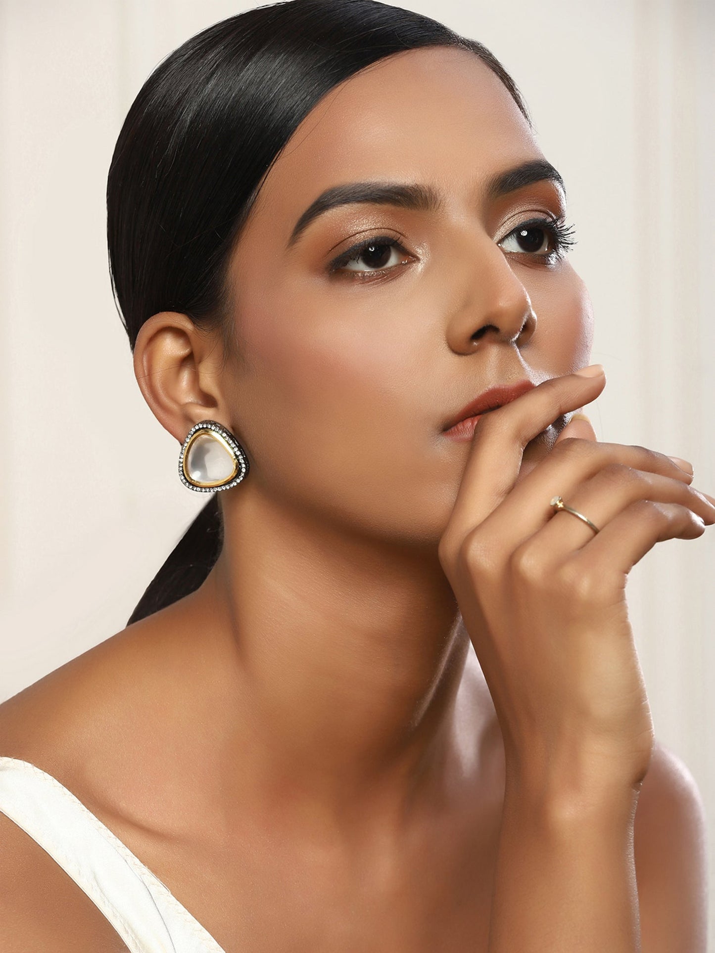 Silver-Plated Triangular Kundan Studded Studs Earrings - Ruby Raang