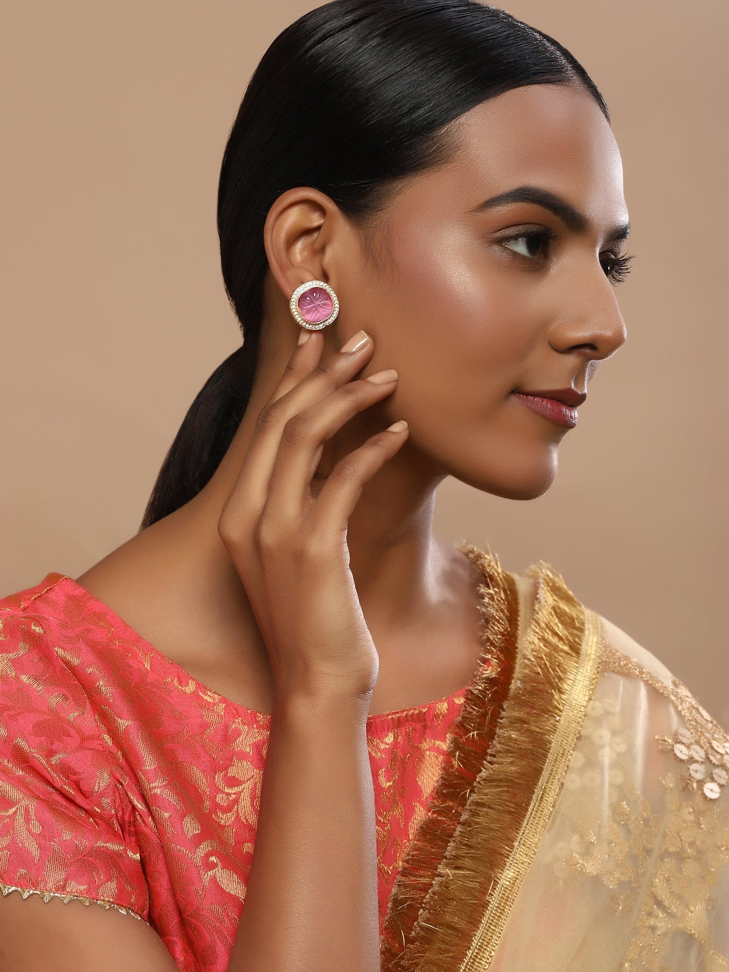Women's Pink Circular Studs Earrings - Ruby Raang