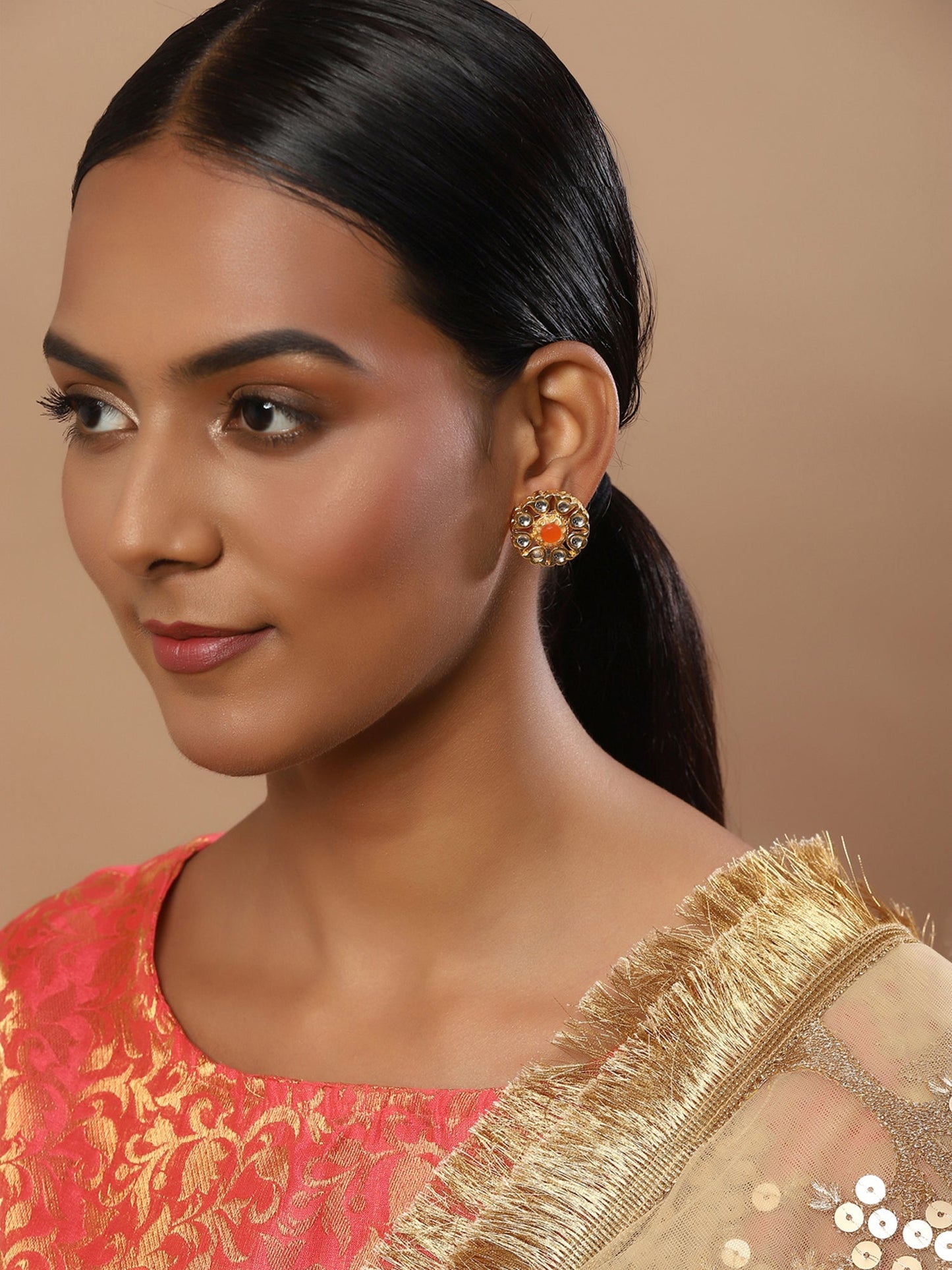 Gold-Polished Floral Shaped Kundan Studded Studs Earrings - Ruby Raang