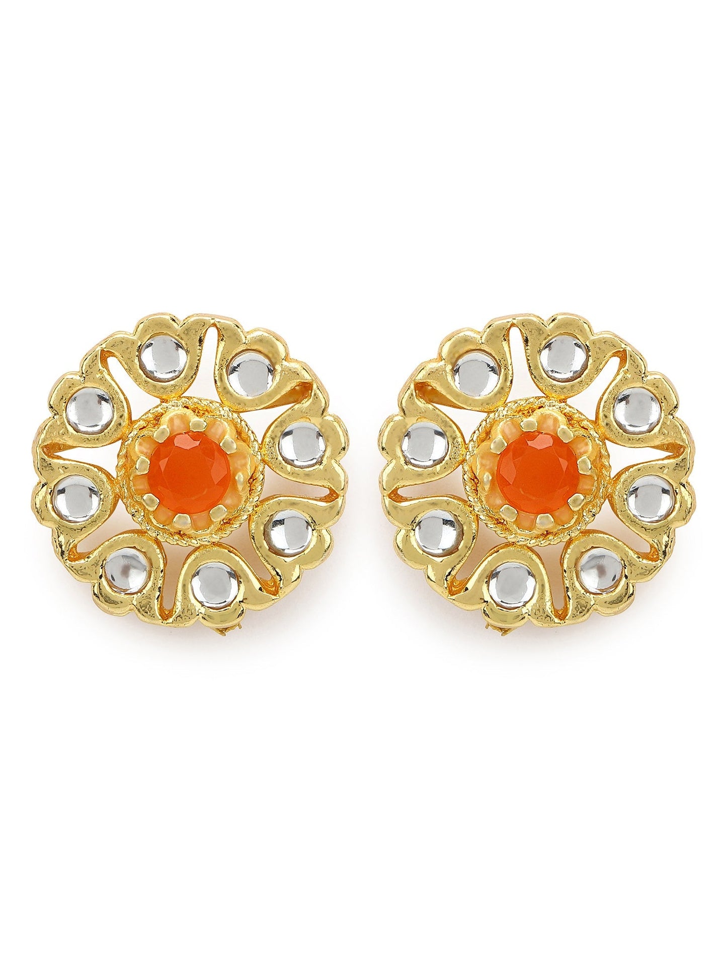 Gold-Polished Floral Shaped Kundan Studded Studs Earrings - Ruby Raang