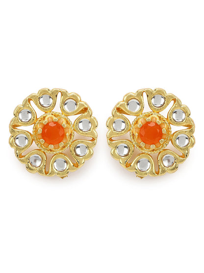 Gold-Polished Floral Shaped Kundan Studded Studs Earrings - Ruby Raang
