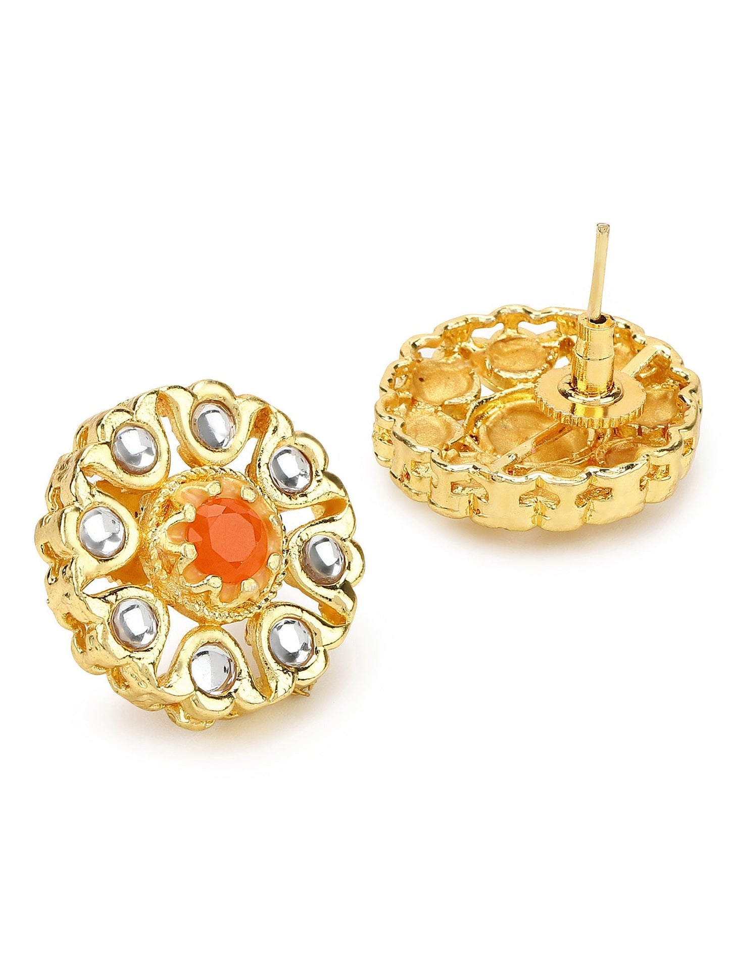 Gold-Polished Floral Shaped Kundan Studded Studs Earrings - Ruby Raang