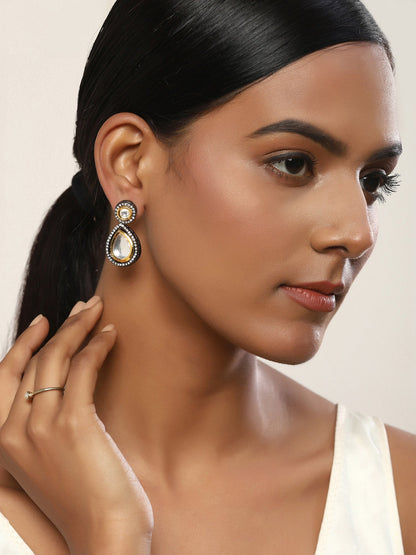 Silver-Plated Teardrop Shape Kundan Studded Drop Earrings - Ruby Raang