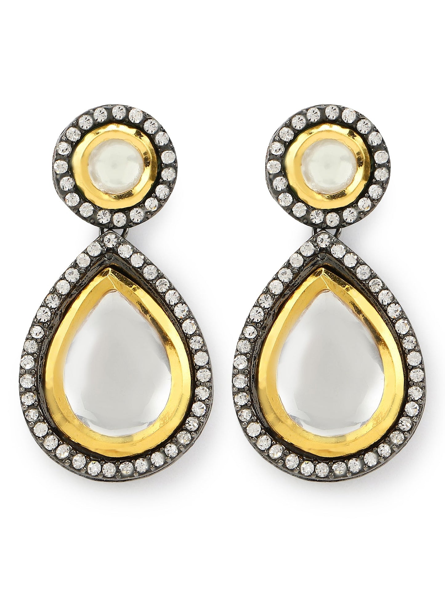 Silver-Plated Teardrop Shape Kundan Studded Drop Earrings - Ruby Raang