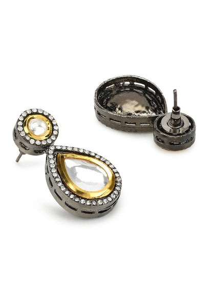 Silver-Plated Teardrop Shape Kundan Studded Drop Earrings - Ruby Raang