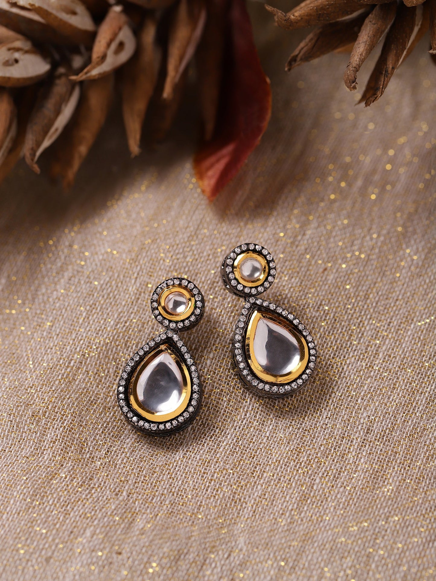Silver-Plated Teardrop Shape Kundan Studded Drop Earrings - Ruby Raang