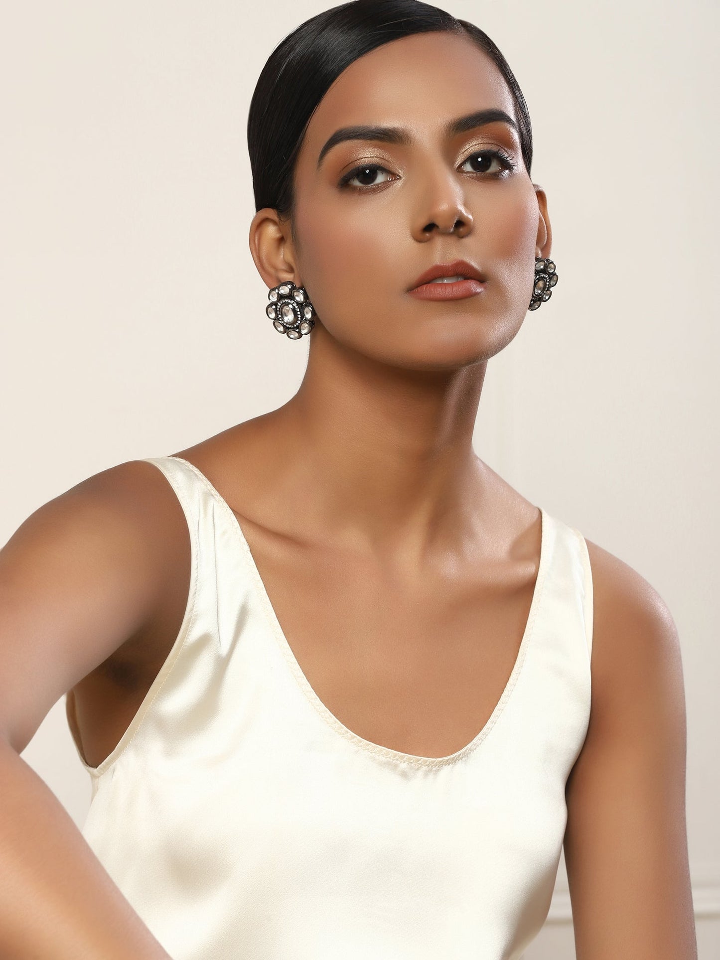 Black Silver-Plated Circular Kundan Studs Earrings - Ruby Raang