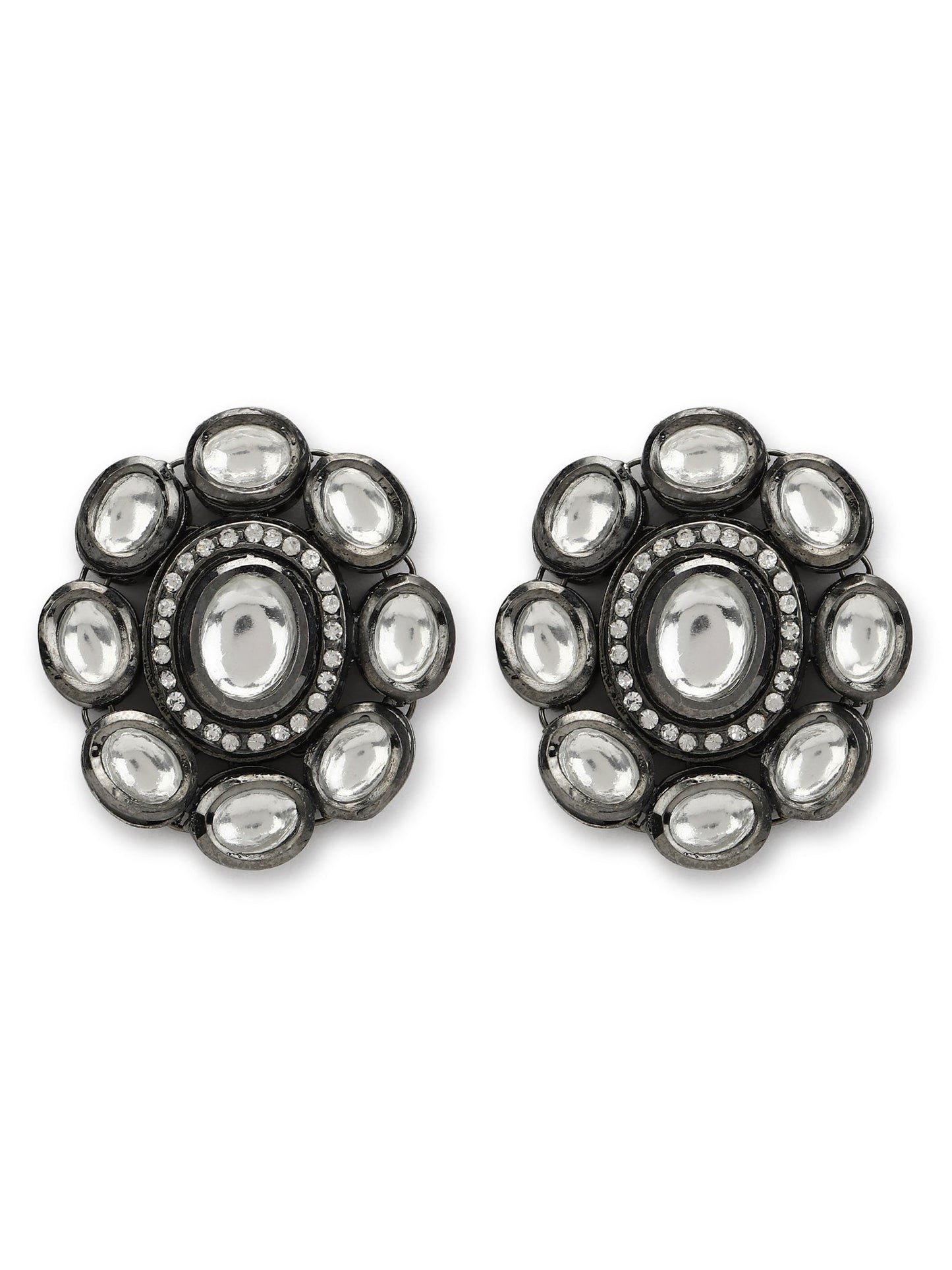 Black Silver-Plated Circular Kundan Studs Earrings - Ruby Raang