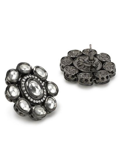 Black Silver-Plated Circular Kundan Studs Earrings - Ruby Raang