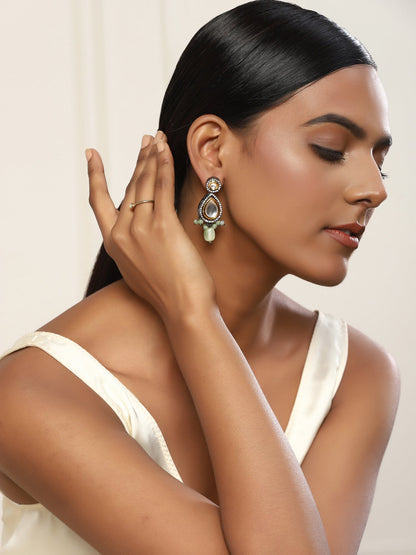 Green White Teardrop Shaped Drop Earrings - Ruby Raang