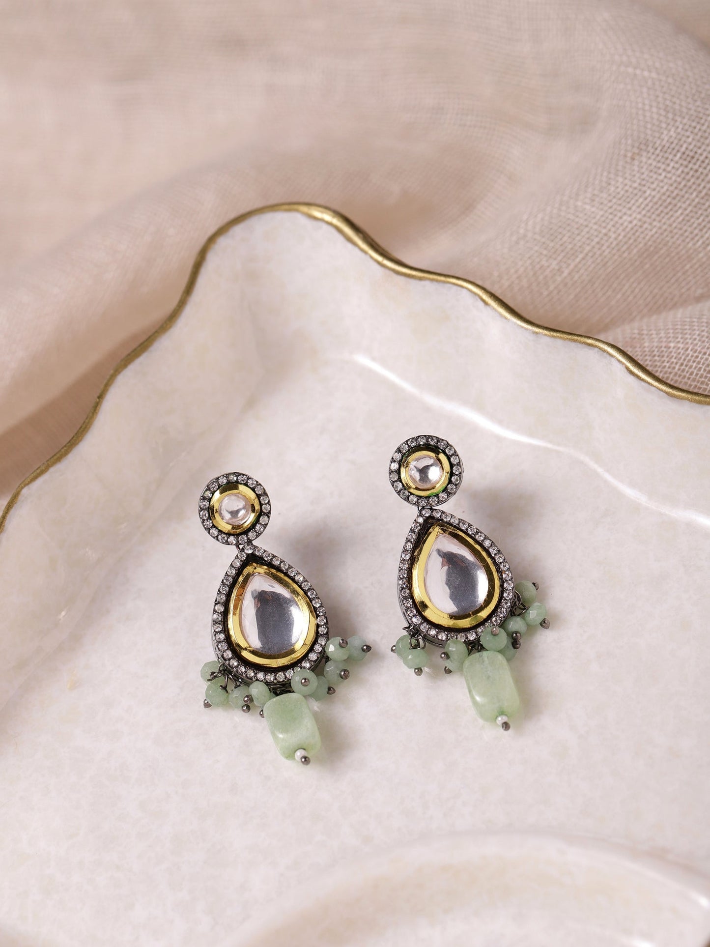 Green White Teardrop Shaped Drop Earrings - Ruby Raang