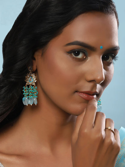 Gold-Polished Turquoise Blue Kundan Studded Classic Drop Earrings - Ruby Raang
