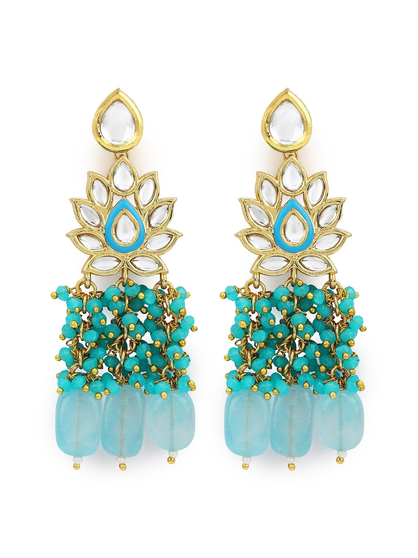 Gold-Polished Turquoise Blue Kundan Studded Classic Drop Earrings - Ruby Raang